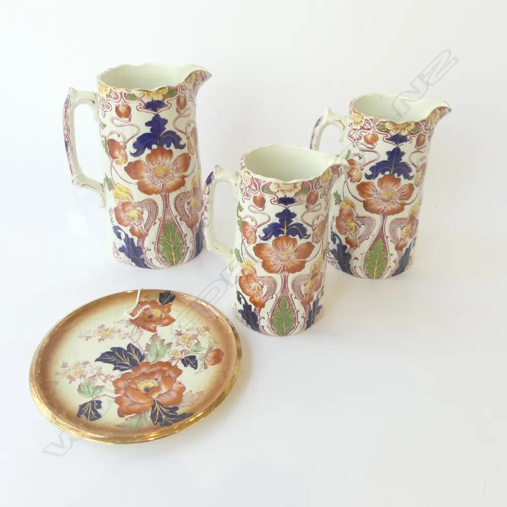 SET OF 3 EDWARDIAN GRADUATED FLORAL JUGS H200MM TALLEST & DISH Image 1++