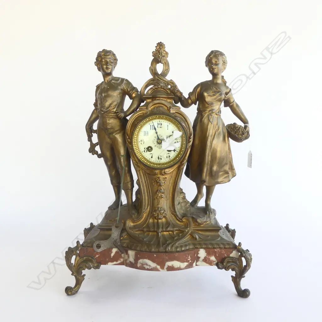 19thC FRENCH ROCOCO FIGURAL BRASS CLOCK H.500mm with key Image 1++