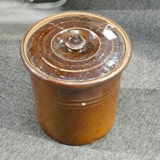 LUKE ADAMS GLAZED POTTERY CROCK H.280mm lid repaired & cracked