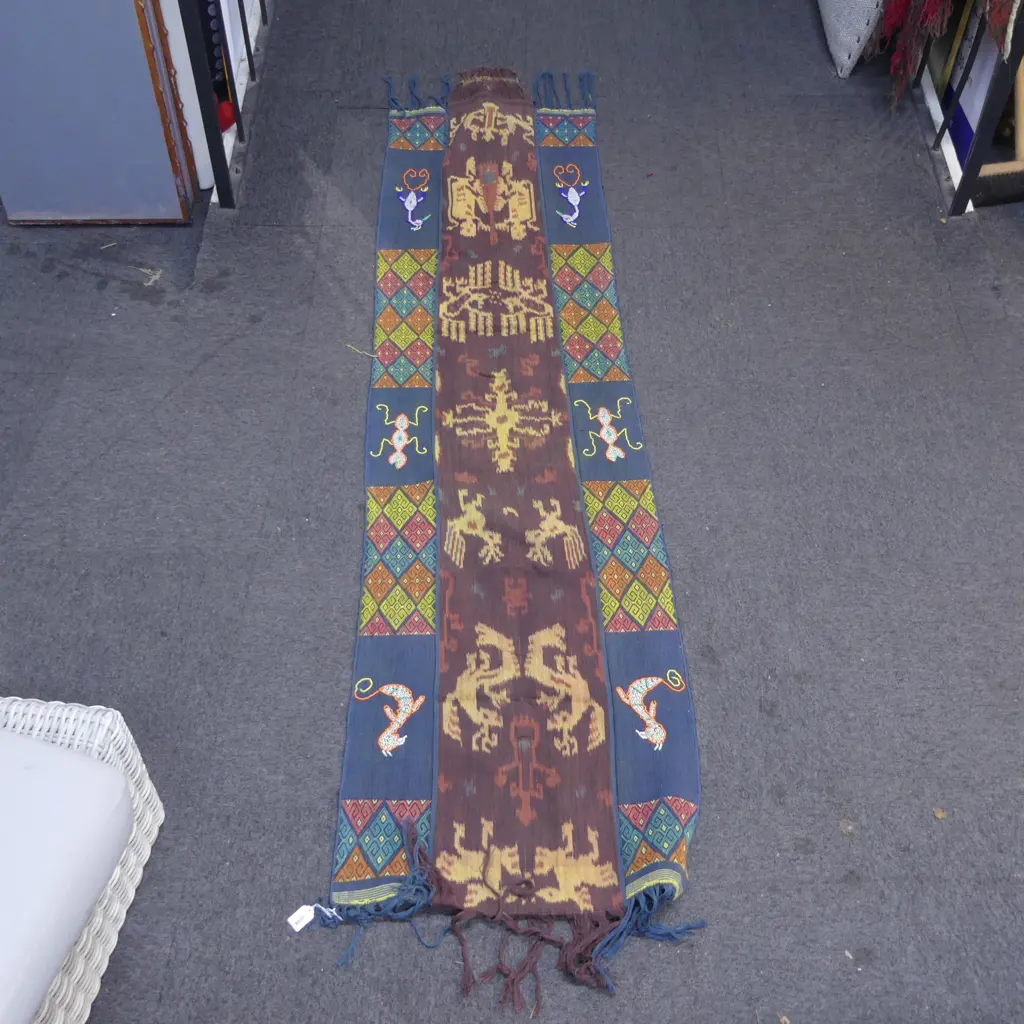 SUMBA IKAT HAND WOVEN TRAPESTRY from Indonesia with shell & bead bird & animal detail L.23oomm W.570mm Image 1++