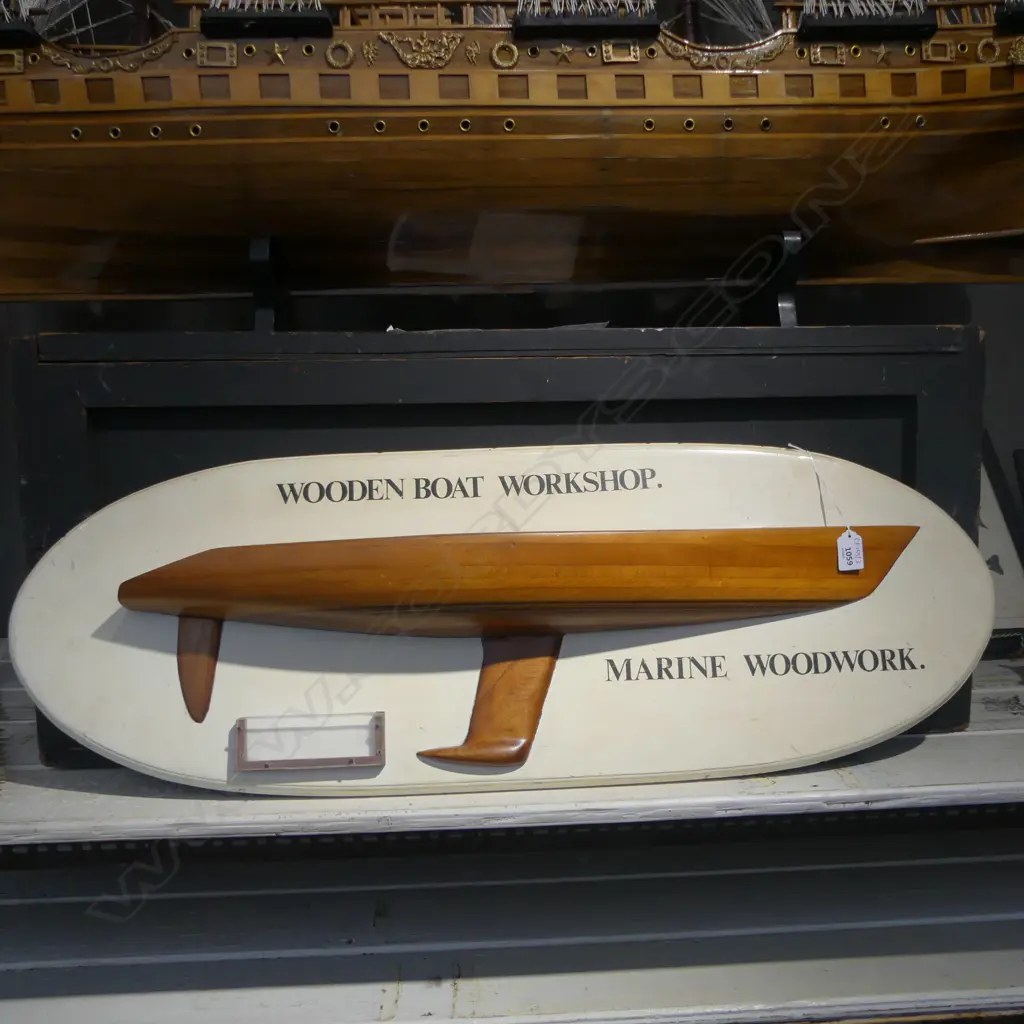 WOODEN BOAT HALF HULL MODEL MOUNTED ON BOARD 910x310mm Image 1++