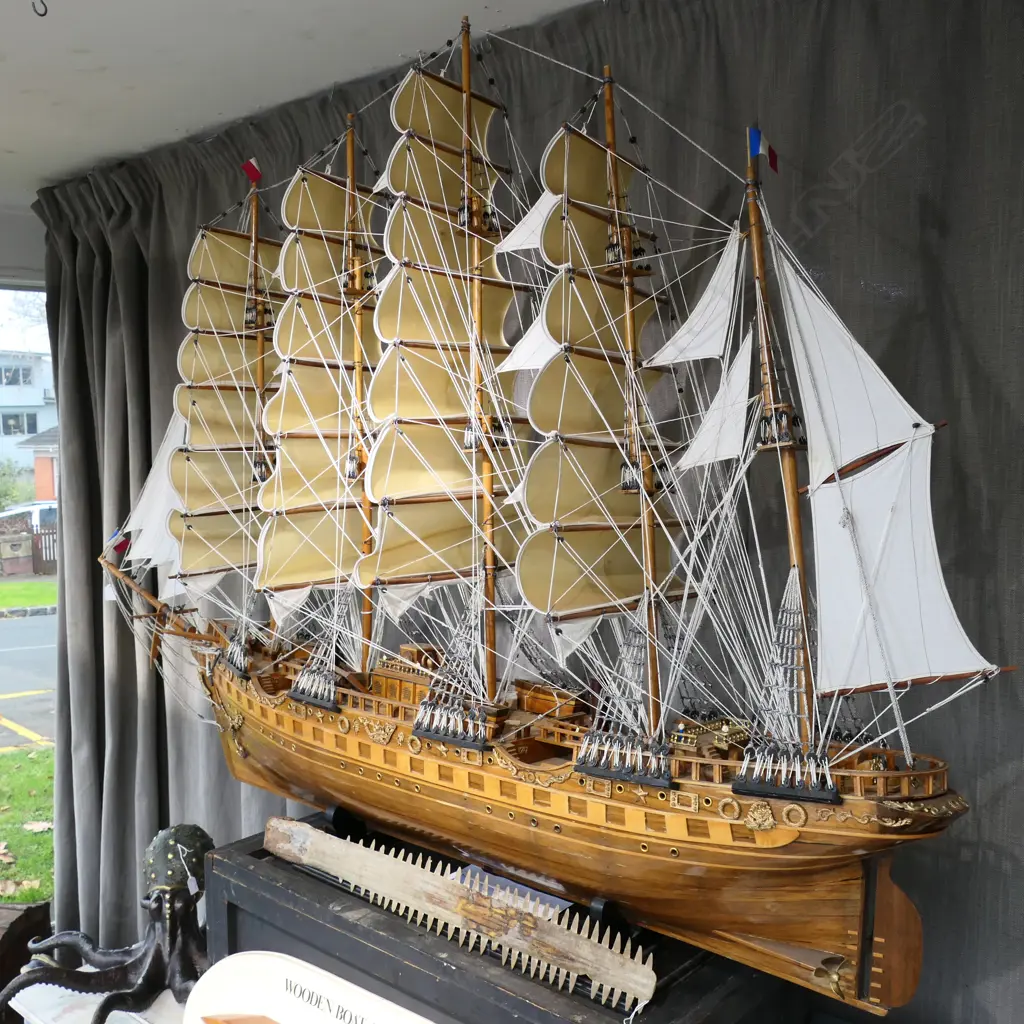 LG MODEL 5 MAST SAILING SHIP 'FRANCE II' ON STAND  H.1330mm L.1850mm & BOX (915x410x410mm) Image 1++
