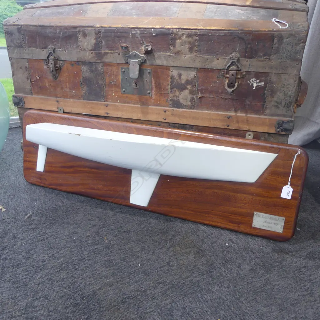 BOAT HALF HULL MODEL ON MAHOGANY PANEL 'TE RAUPARAHA ROSS 40' JUNE 1983' 270x930mm  Image 1++