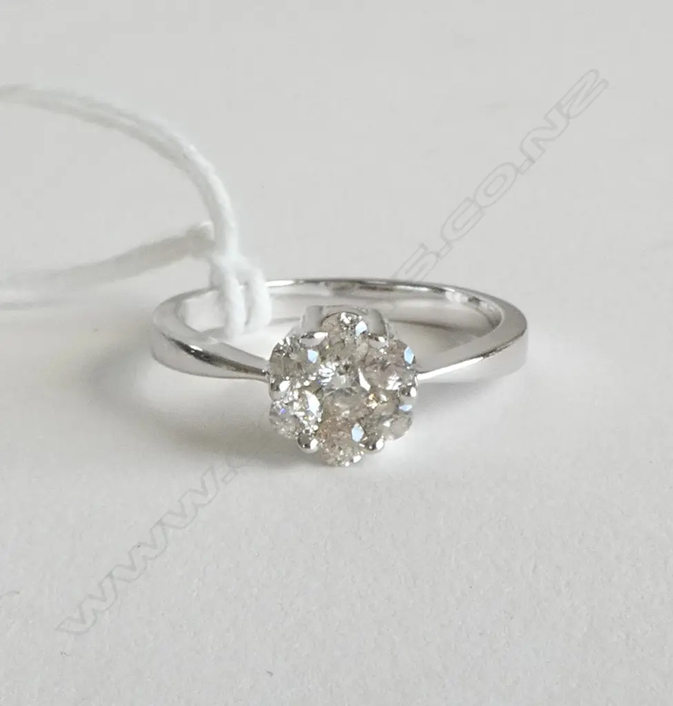 9CT WHITE GOLD AND DIAMOND CLUSTER RING (with valuation $1320.00 July 2011) SIZE M Image 1++