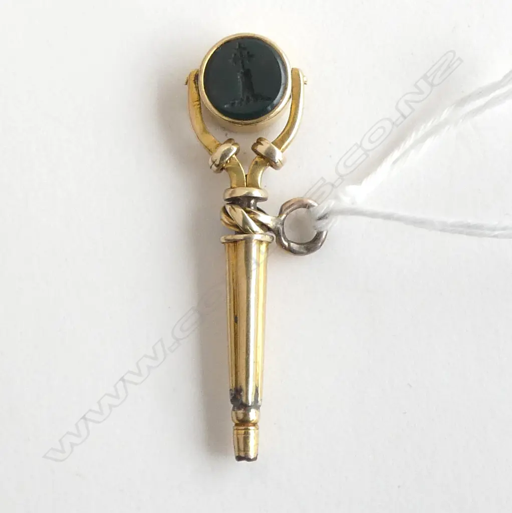 Victorian GOLD WATCH KEY FOB with SWIVEL END bloodstone panel crested Image 1++
