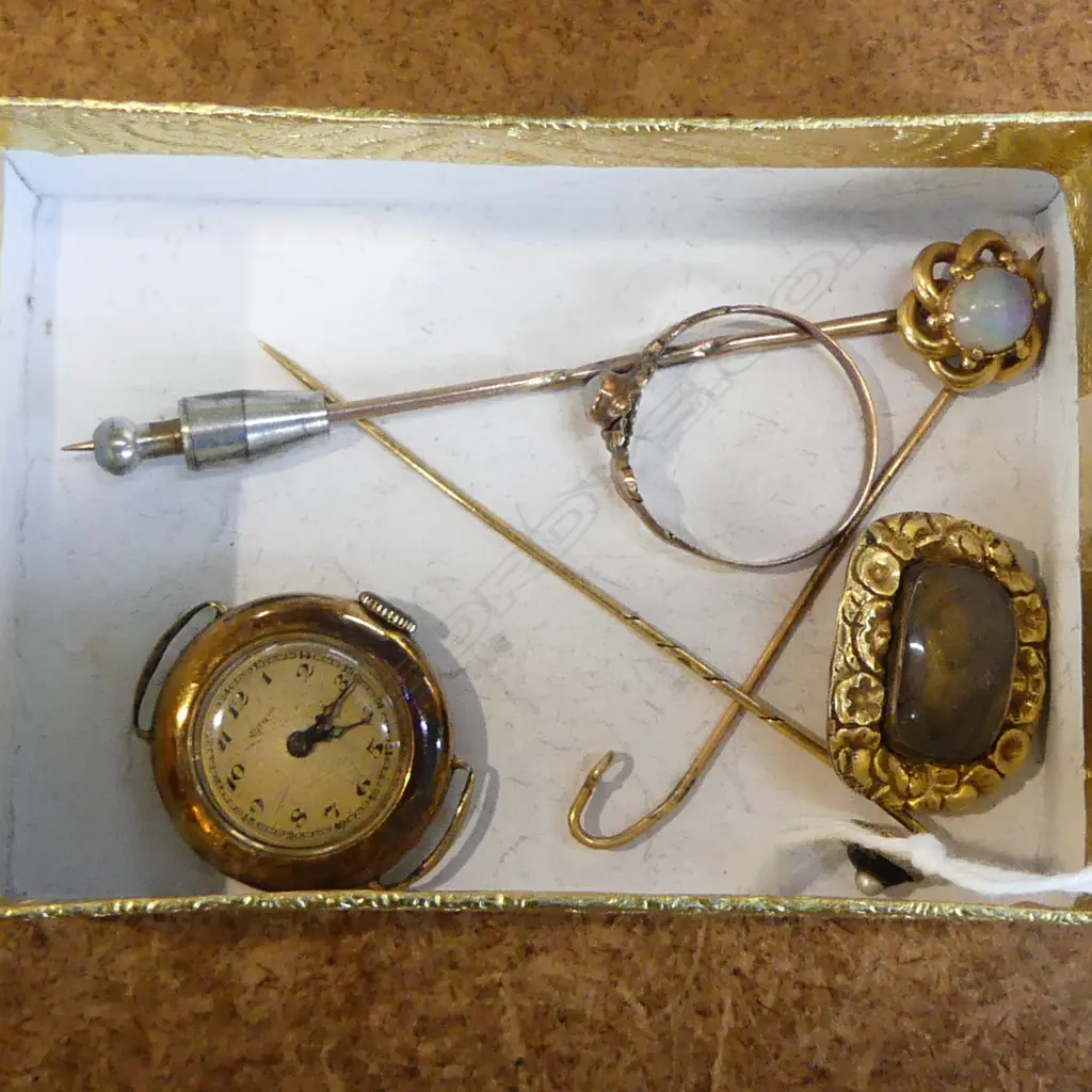 14ct GOLD ALPINA LADIES WATCH + 3 GOLD PINS + GOLD Victorian brooch + gold RING 20gms Image 1++