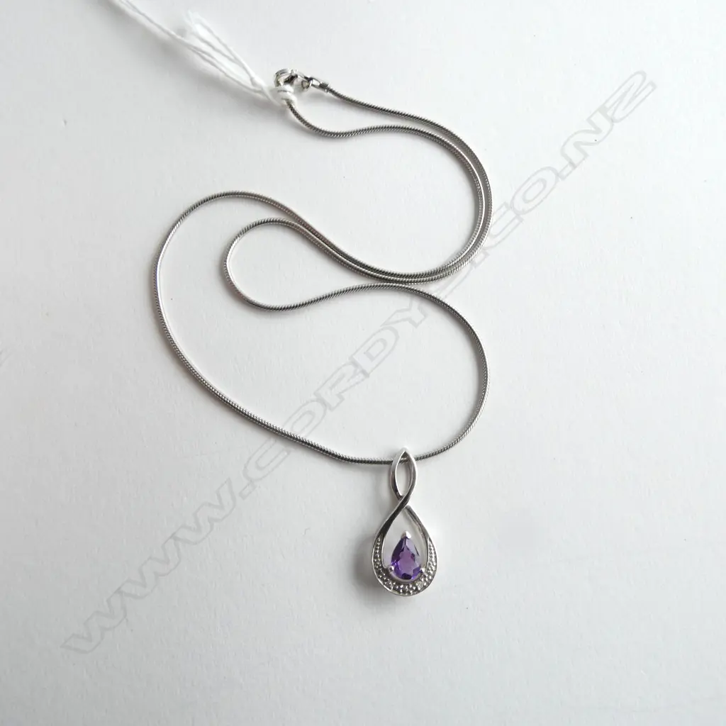 AMETHYST & DIAMOND PENDANT on 9ct WHT GOLD SNAKE CHAIN, 6.6gm, L.40cm Image 1++