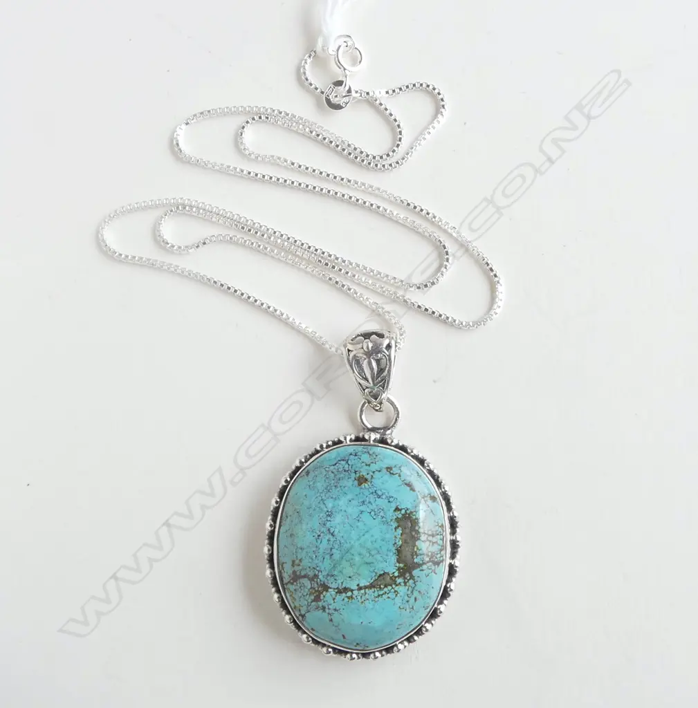 LG FILIGREE SILVER SET TURQUOISE PENDANT w SILVER CHAIN, L440mm Image 1++