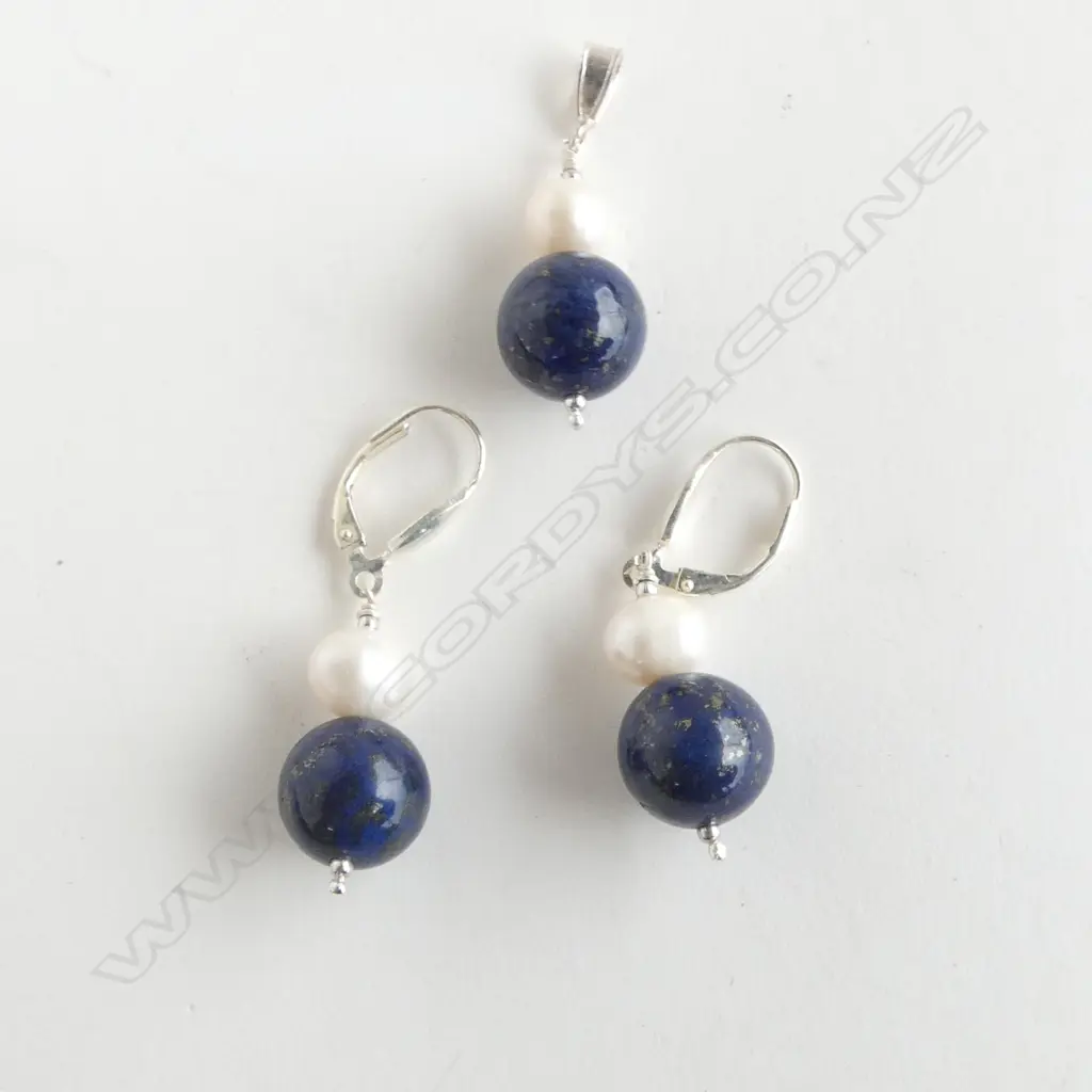 3 PCS; PR LAPIS & PEARL EARRINGS (lever backs) & PENDANT Image 1++