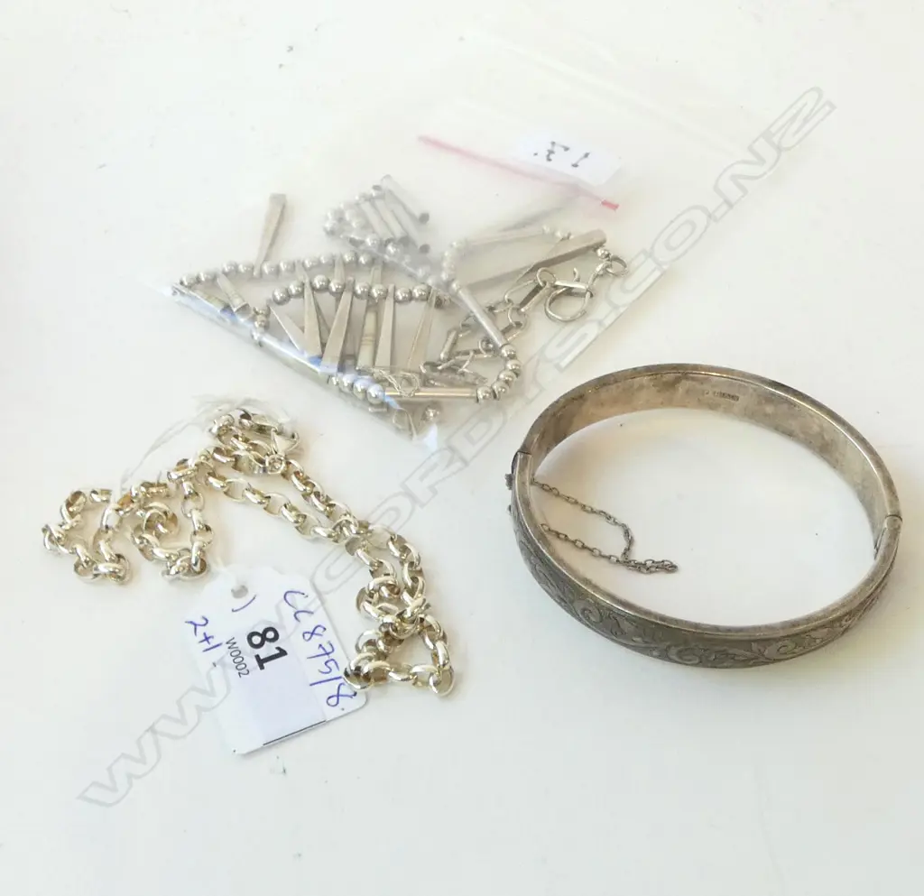 2 SILVER NECKLACES ONE A/F + STG BANGLE, 65gms Image 1++