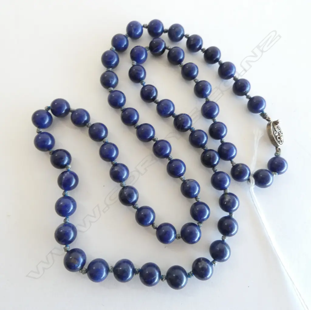 LAPIS BEAD NECKLACE w. SILVER GILT CLASP L.700mm Image 1++