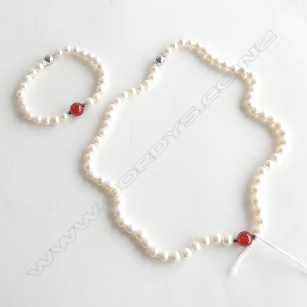 FRESH WATER PEARL & CARNELIAN NECKLACE/BRACELET L.670/190mm Image 1++