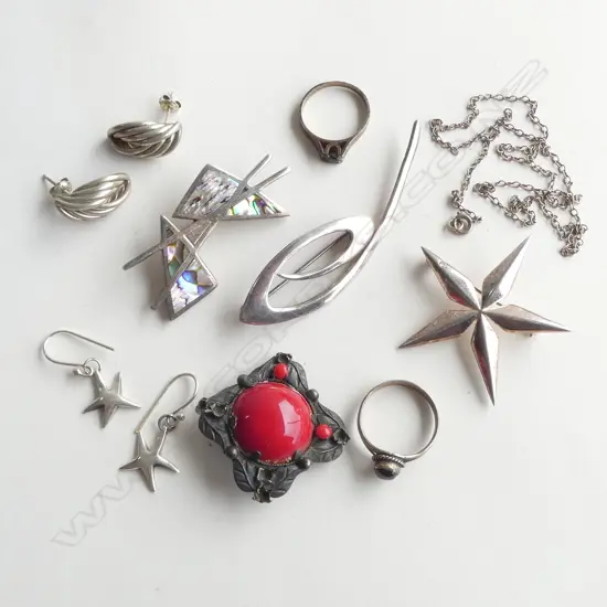 DESIGNER MAINLY SILVER JEWELLERY: 'OPJ' PAUA INLAID BROOCH + other brooches + earrings + rings etc.