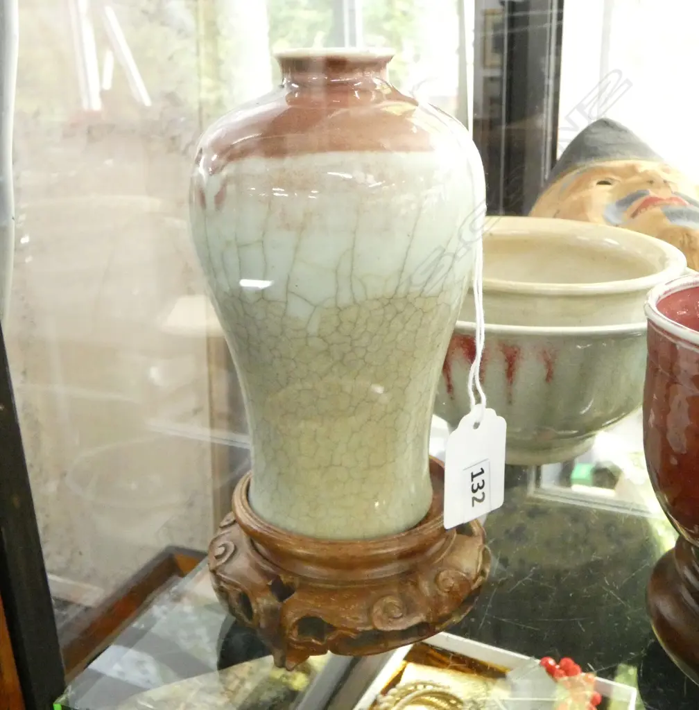 5 PCES GLAZED STUDIO POTTERY INCL. ORIENTAL VASE tiny rim chips H.140mm + 2 STANDS Image 1++