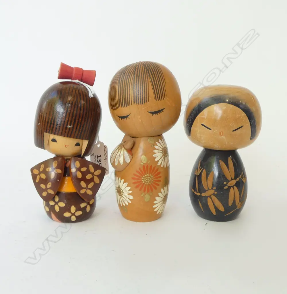 THREE MID CENTURY DOLLS, TWO SIGNED, 1 w RED STAMP, H.140,135,120mm Image 1++