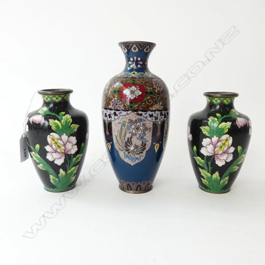 PR CLOISONNES VASES H.140 & TALLER CLOISONNE w. PHOENIX MOTIF H.200mm Image 1++