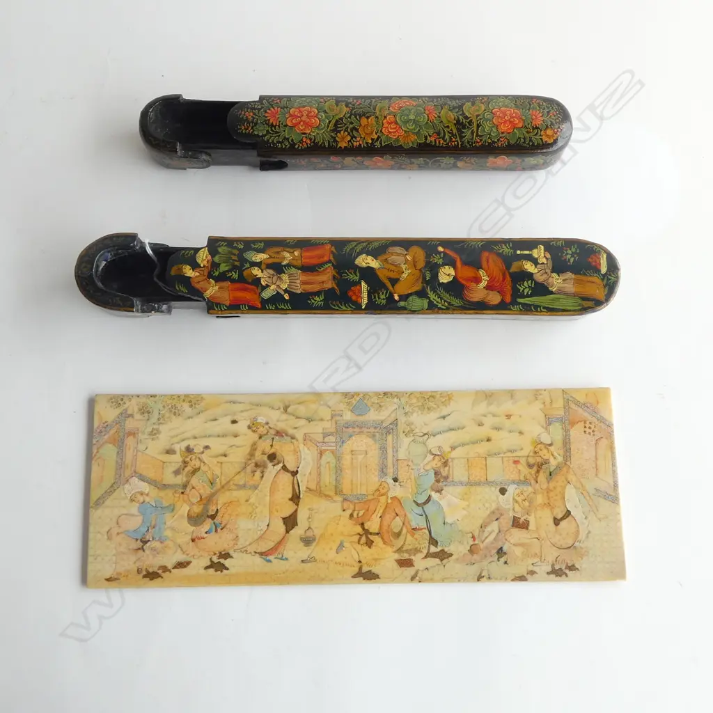 2 LACQUERED HAND PAINTED TURKISH WRITING BOXES & PAINTED MINIATURE OF MIDDLE EASTERN SCENE L.300mm Image 1++