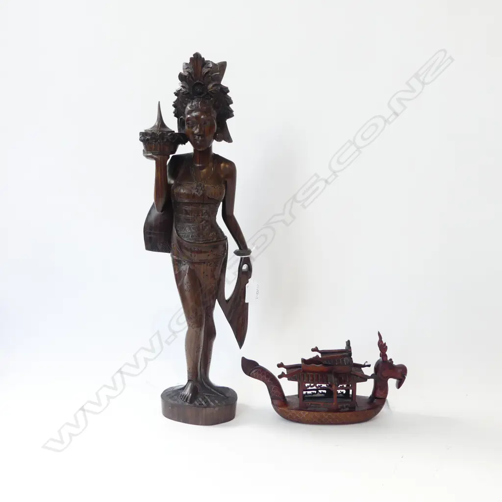 CARVED WOODEN FIGURE H.530mm w. CARVED DRAGON BOAT Image 1++