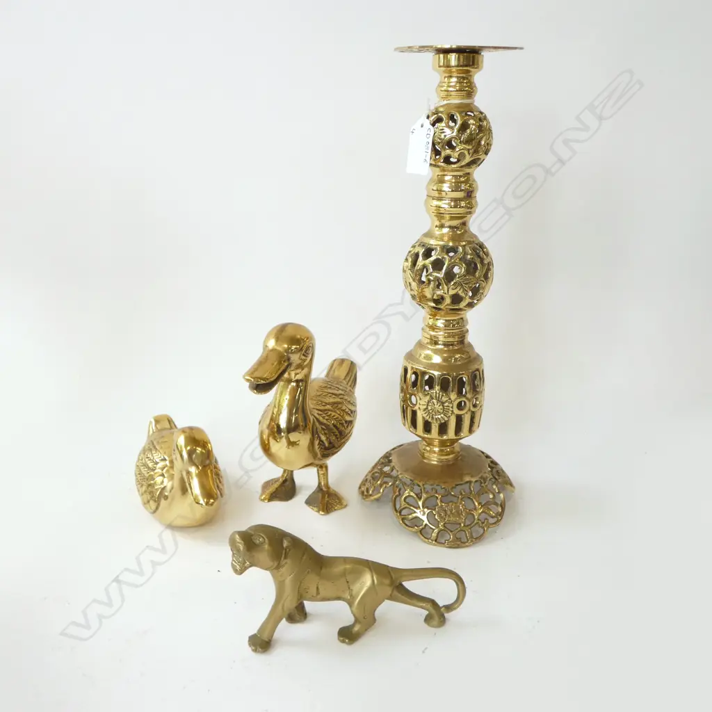 BRASS CANDLESTICK H.330mm , 2 BRASS DUCKS & BRASS DOG Image 1++