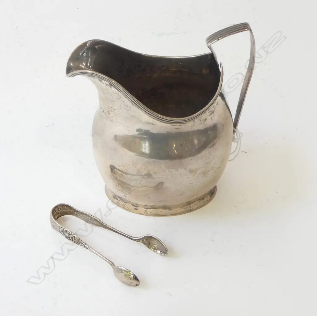 GEORGIAN STG SILVER JUG H.110mm fault + MINI TONGS 105gms Image 1++