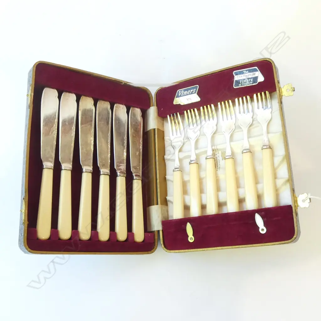 CASED 'LANARKSHIRE BY VINERS' SHEFFIELD IVORINE 'BONE' HANDELED 6 SET OF KNIVES & FORKS Image 1++