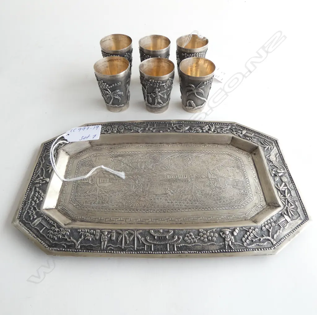 SILVER CHINESE OCTAGONAL ELONGATED TRAY L.225mm WITH 6 SMALL CUPS, PALMS & COOLIE DECORATION IN RELIEF. 309gm Image 1++