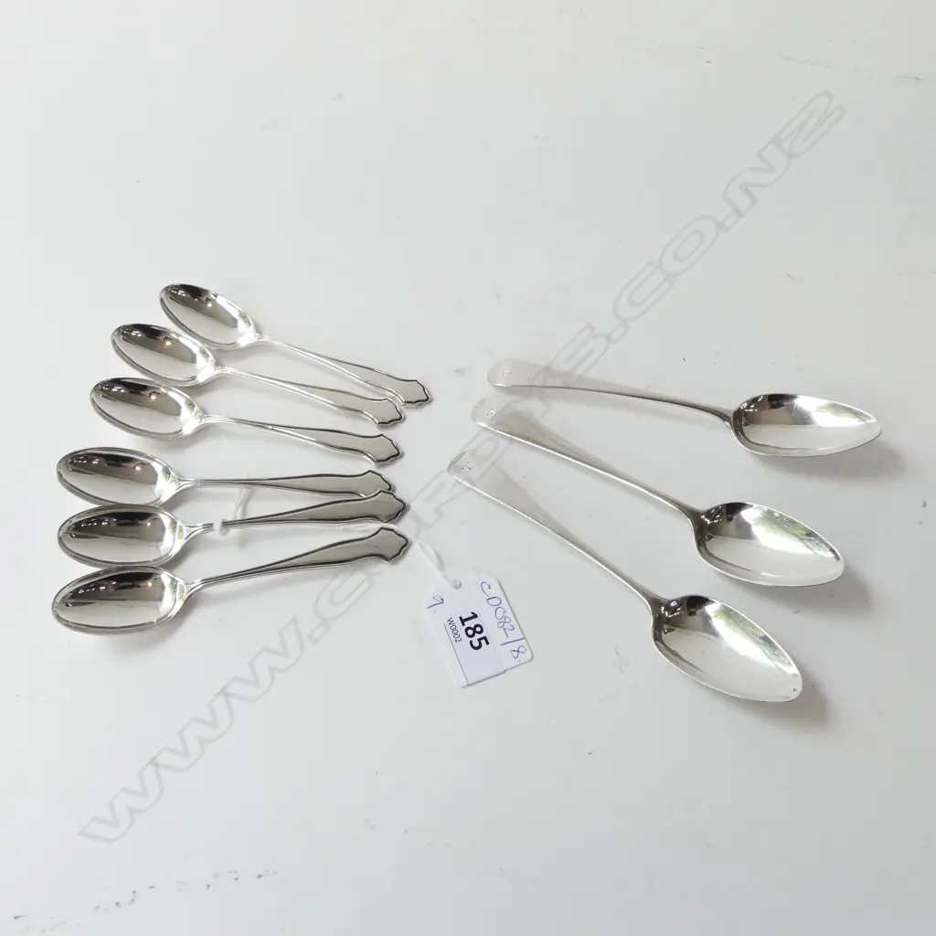 9 STG SILVER TEA SPOONS; 6 SHEFFIELD 1926, 3 LONDON 1794 120grms Image 1++