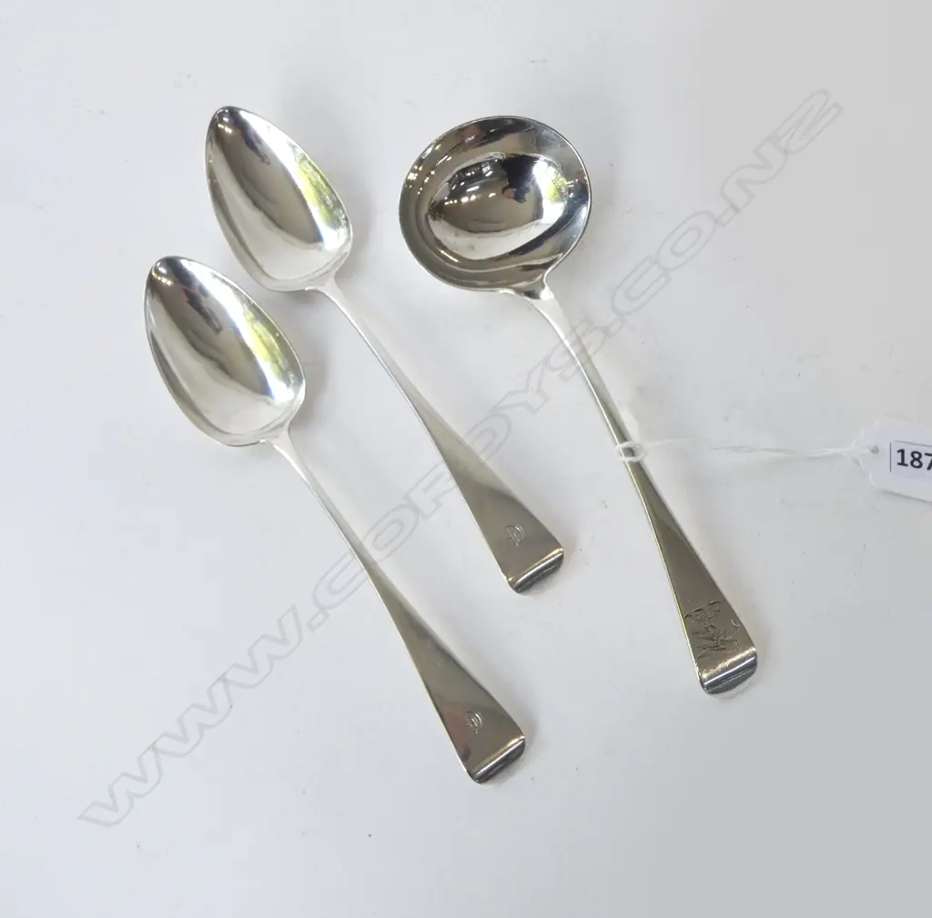 PR STG SILVER TABLE SPOONS, LONDON 1816 + LADLE LONDON 1835 111grms Image 1++