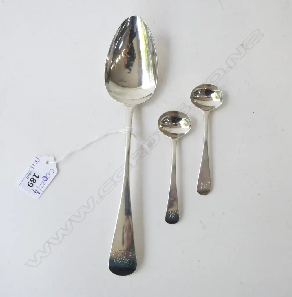 GEO. STG SILVER TABLE SPOON, RICHARD FERRIS EXETER 1802 52grms + PR CONDIMENT SPOONS LONDON 1826 17grms Image 1++