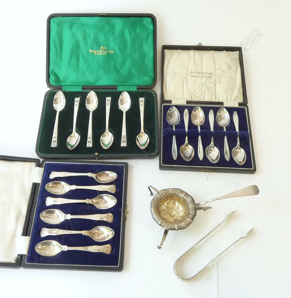 STG SILVER TONGS 39gms + SILVER? STRAINER + 3 CASES EP CUTLERY Image 1++