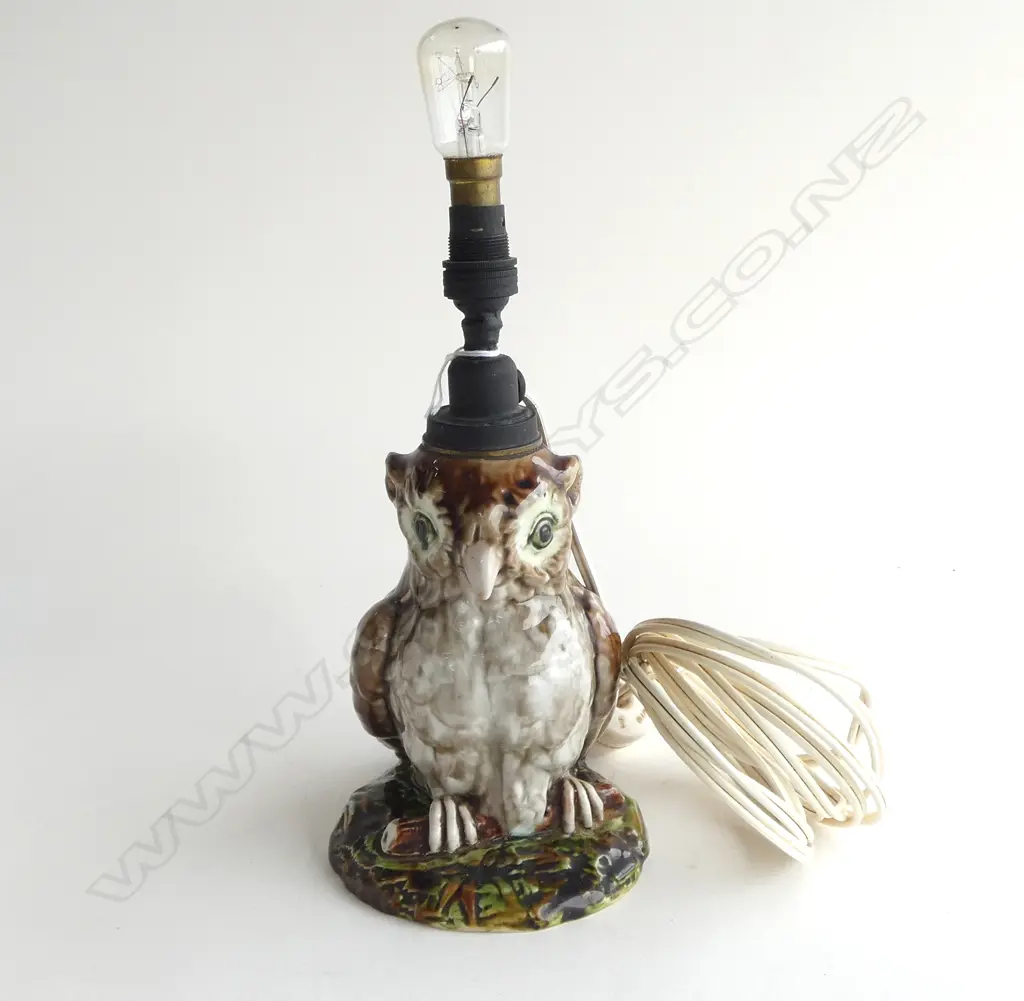 UNUSUAL MAJOLICA OLD OWL LAMP BACKSTAMP LOOKS FRENCH, H.130mm Image 1++