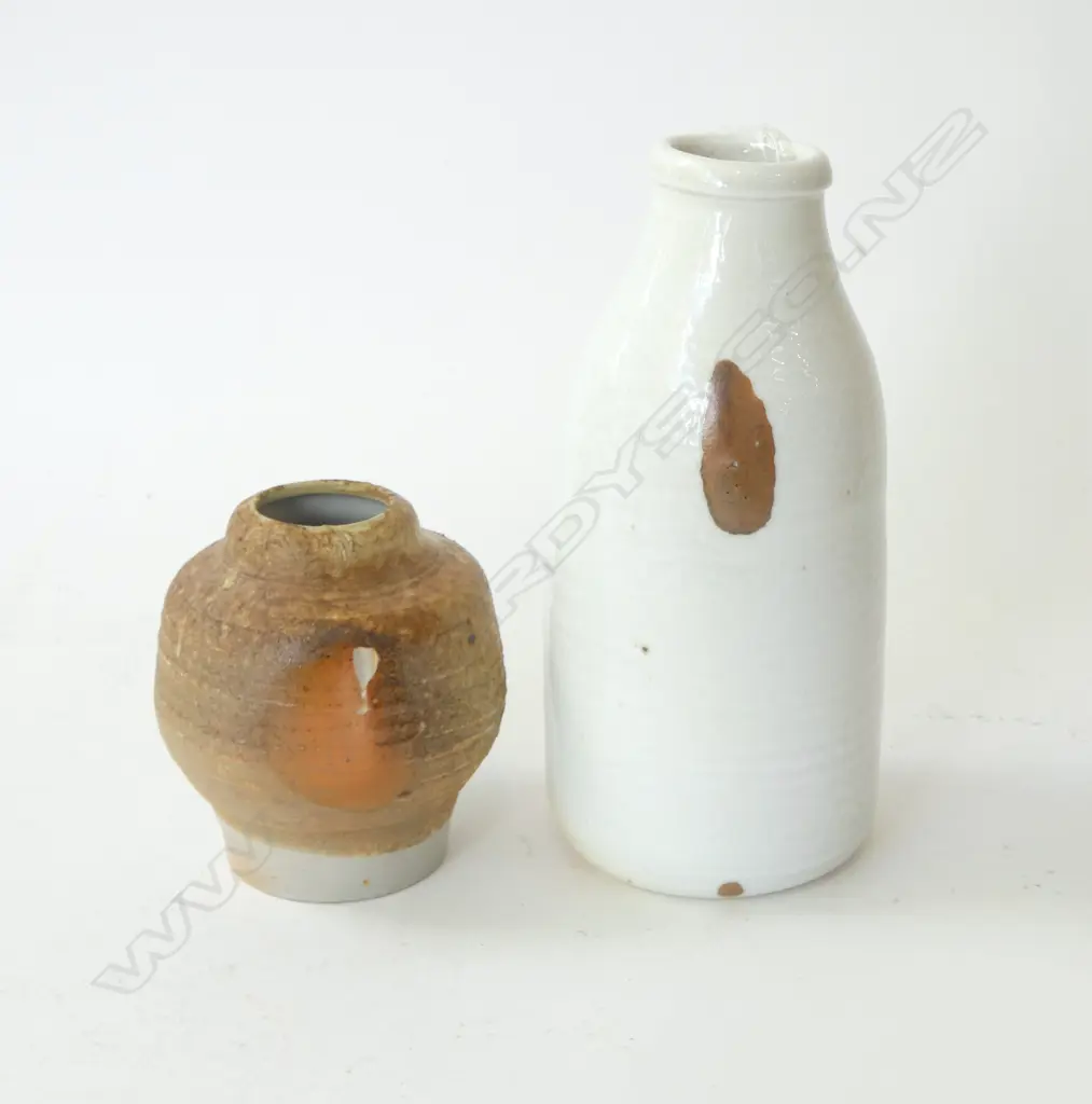 2 STUDIO POTTERY PIECES INCL MILK BOTTLE BY SUZY DUNSER 180mm + wood fired small vase Image 1++