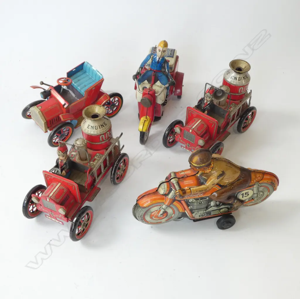 5 VINTAGE TIN TOYS; Incl. 2 FIRE, 1 POLICE, BIKER & OTHER Image 1++