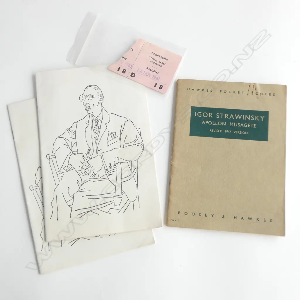 AUTOGRAPHED 'IGOR STRAWINSKY APOLON MUSAGETE' POCKET SCORE AT AUCKLAND TOWN HALL 1961; 2 PROGRAMME BOOKLETS & TICKET  Image 1++