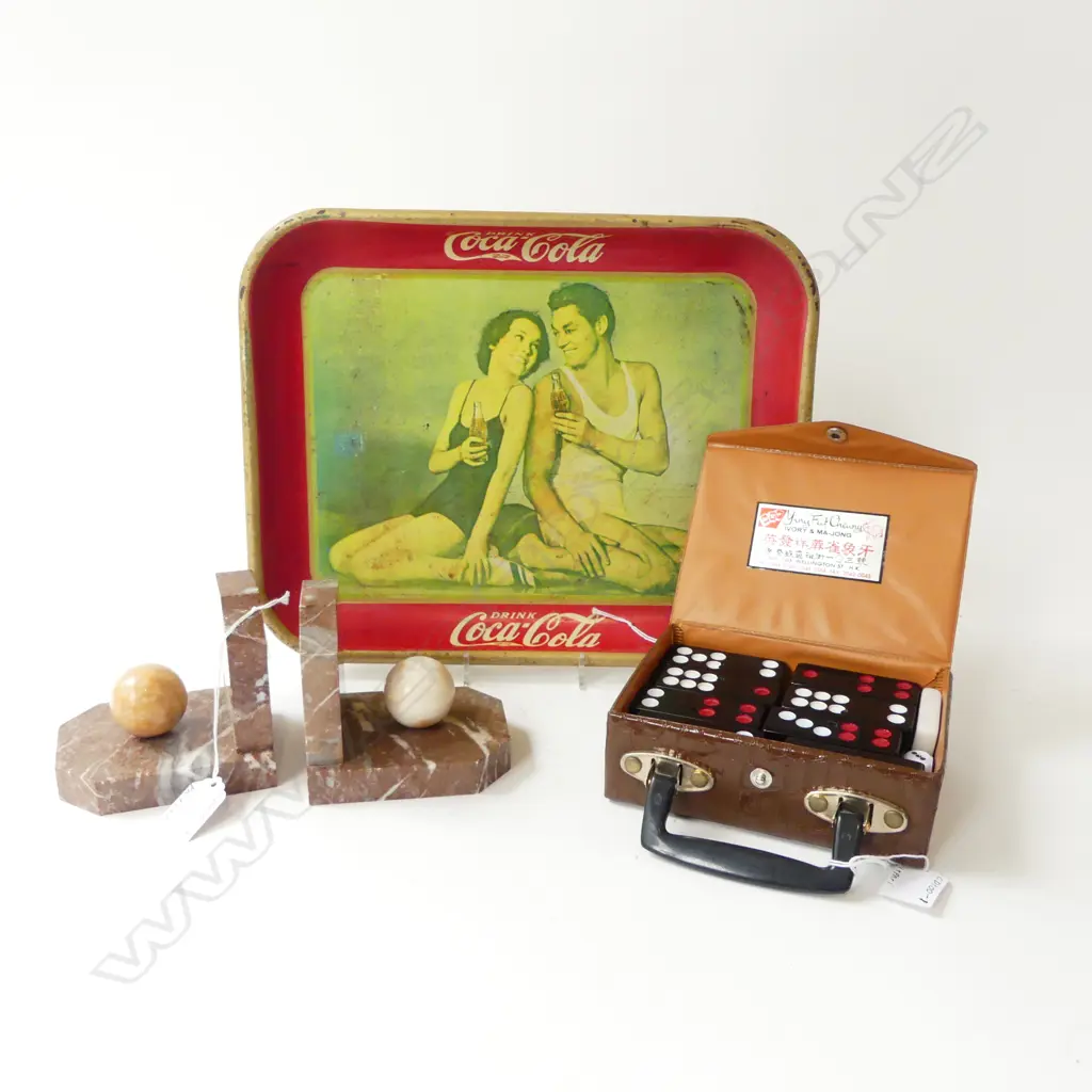 3 VINTAGE ITEMS; PR MARBLE BOOKENDS, DOMINOES IN CARRY BOX (MADE IN HONG KONG) & RETRO COCA COLA TRAY Image 1++
