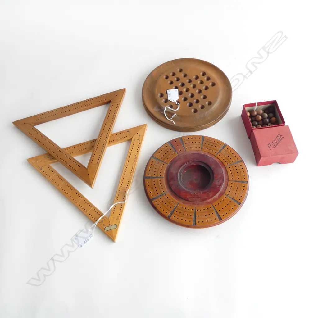 TWO TRIANGULAR BOARDS CRIBBAGE & ONE CIRCULAR WITH SOLITAIRE BOARD & OLD 1920S Balls. Image 1++