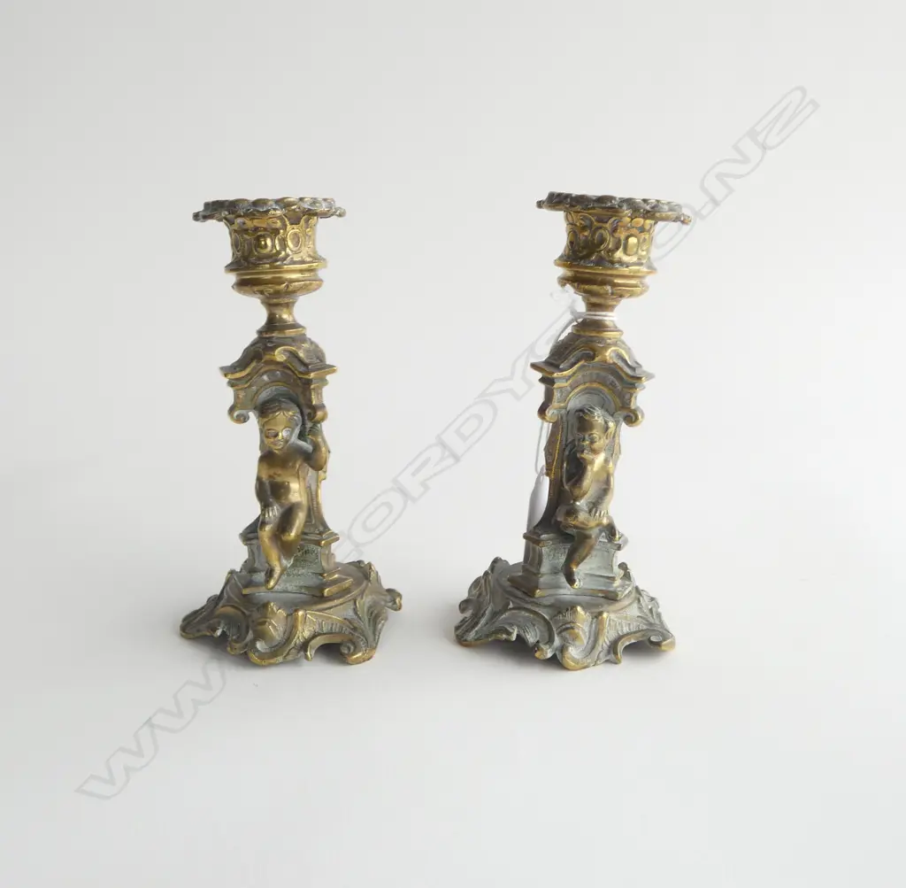 OLD PAIR BRASS PUTTEE CANDLESTICKS WITH DETACHABLE NOZZLES, H. 150mm Image 1++
