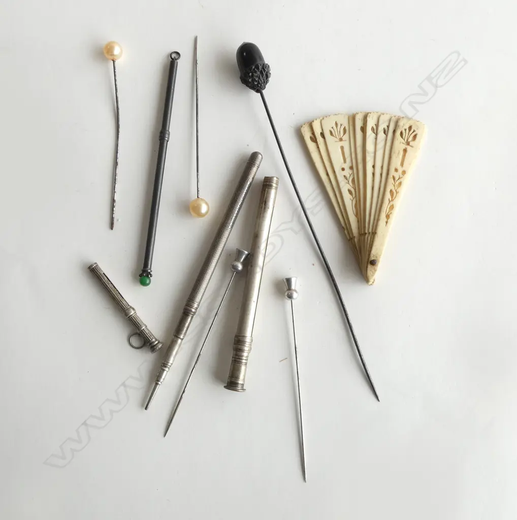 ASST PROPELLING PENCILS + SWIZZEL STICK + HAT PINS + bone small fan some silver Image 1++