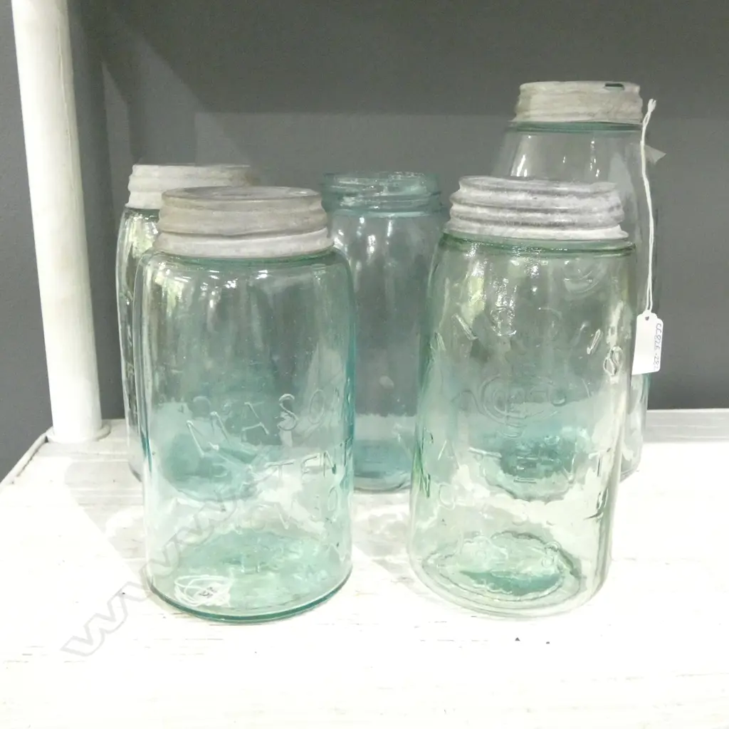 5 ANTIQUE GLASS MASON'S PRESERVING JARS (1 LID MISSING) LARGEST H.235mm Image 1++