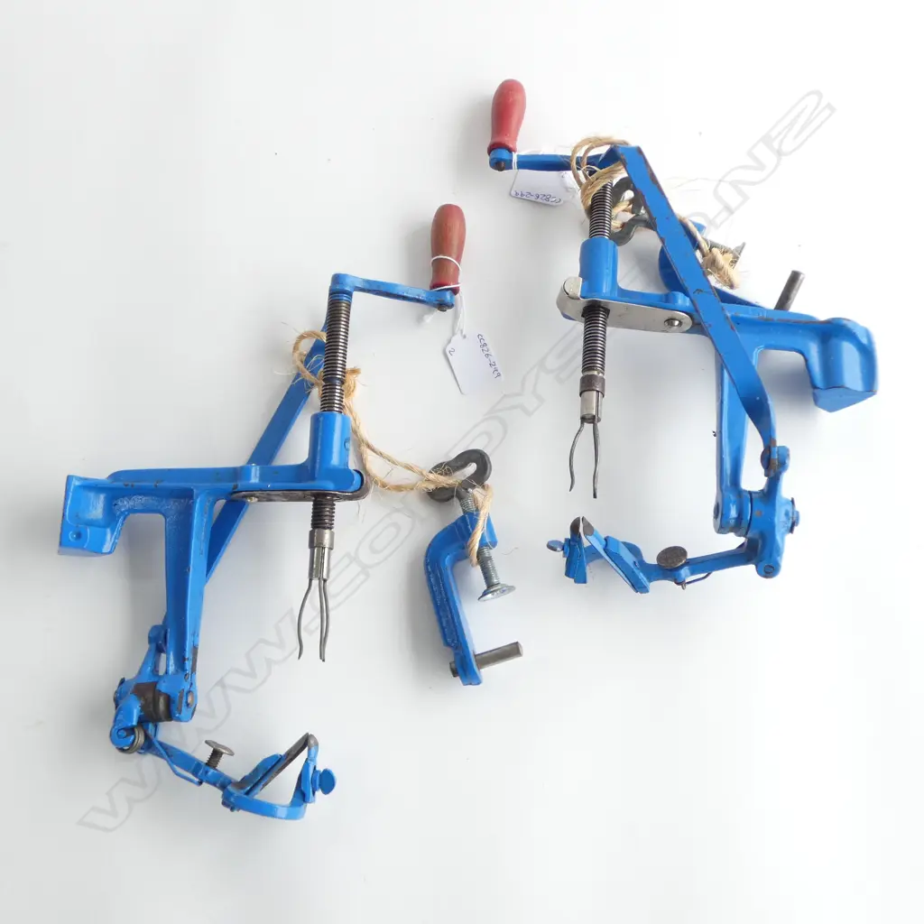 2 BLUE PAINTED CAST IRON HAND WOUND D.B. PATENT APPLE PEELERS, L.250mm Image 1++