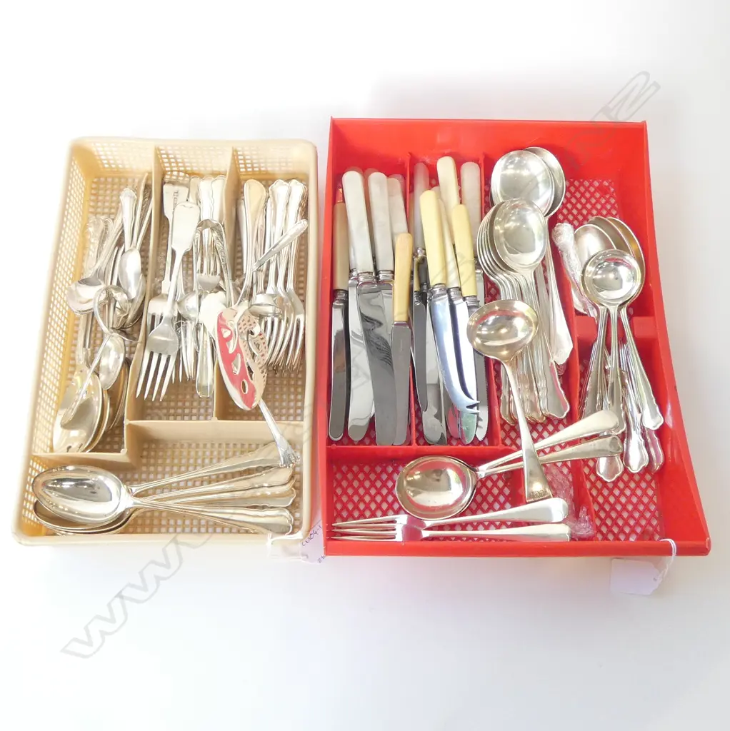 2 TRAYS ASST. EP CUTLERY INCL. IVORINE 'BONE' & MOP? HANDELED KNIVES Image 1++