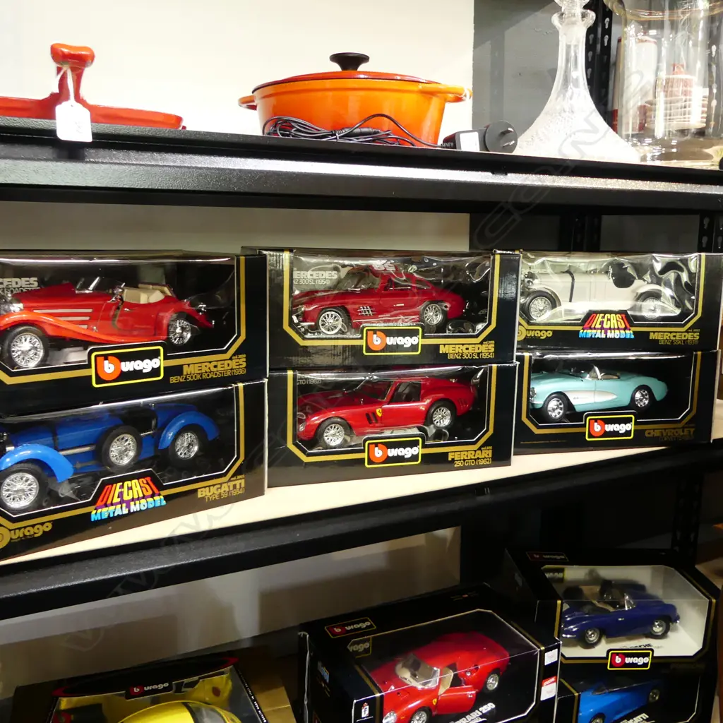 6 BOXED BBURAGO 1:18 MODELS; FERRARI 250 GTO, BUGATTI TYPE 59, CHEVROLET CORVETTE 1957, etc Image 1++