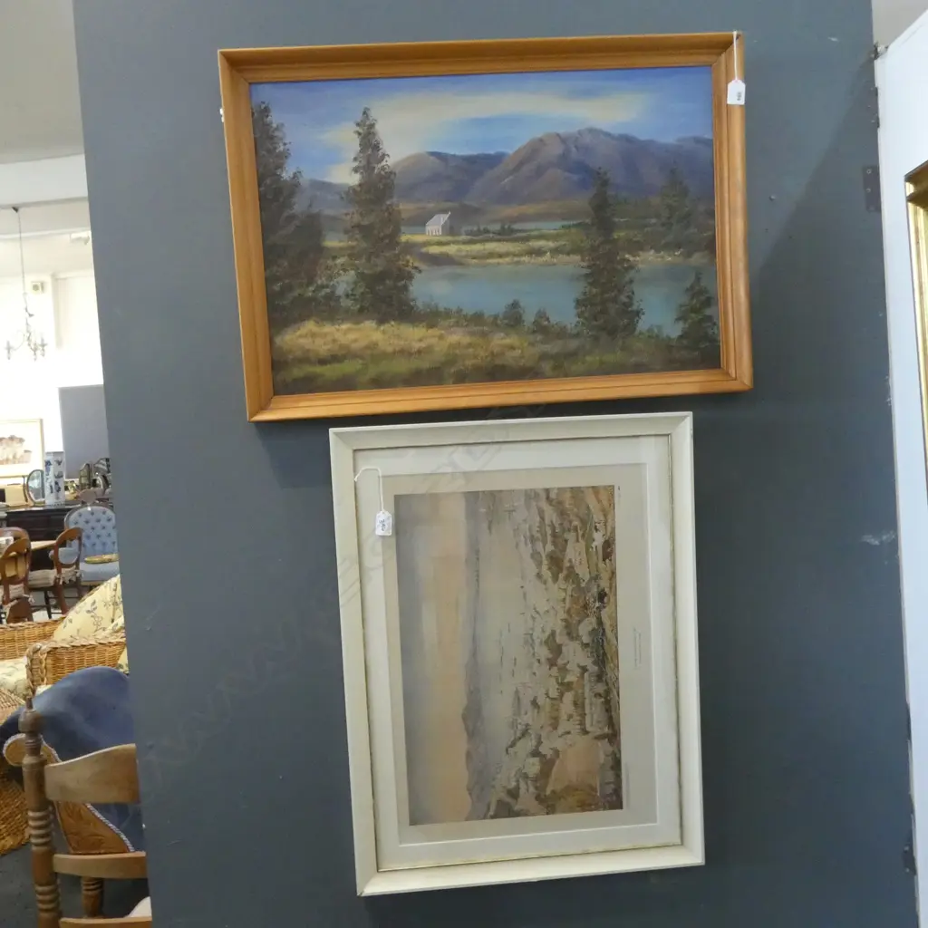 C. AUBREY WELLINGTON PRINT + F. THOMAS 'CHURCH AT TEKAPO' OIL ON BOARD 1976 450x675mm Image 1++