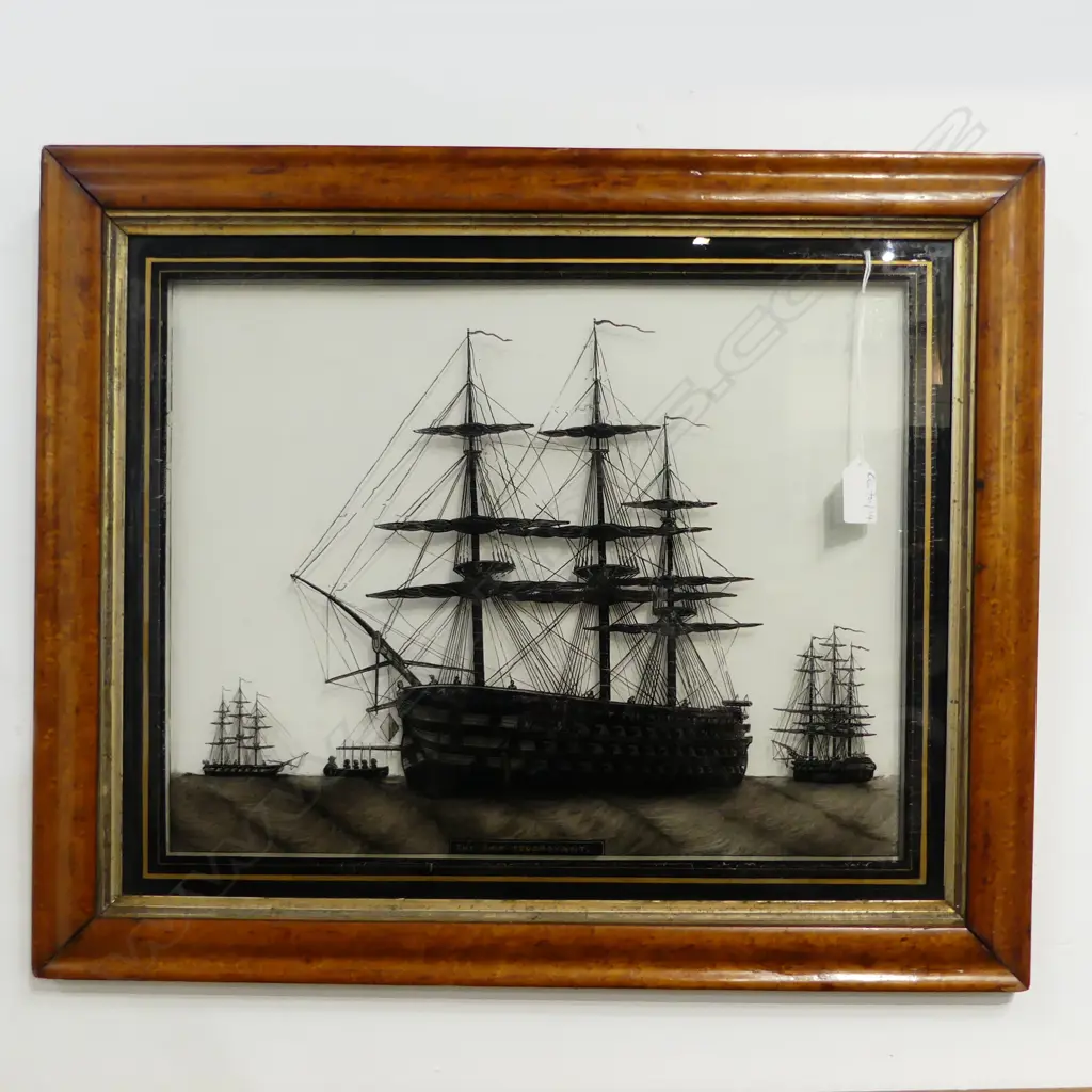 ANTIQUE REVERSE PAINTED GLASS ARTWORK 'THE SHIP FOUDROYANT' 370x460mm Image 1++
