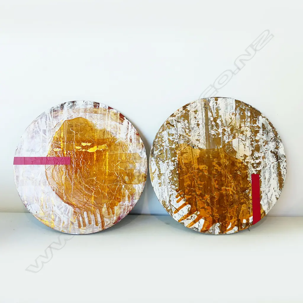 JODY HOPE GIBBONS 'CIRCA I & II' MIXED MEDIA ON BOARD, 2004 395mm dia Image 1++