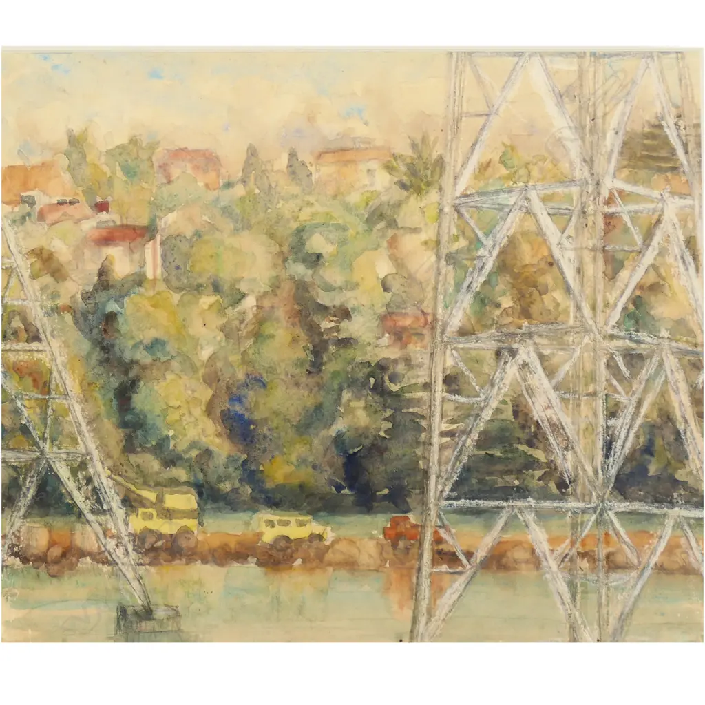 PHYLLIS MARY CROWLEY - PYLONS (MANGERE BRIDGE CONSTRUCTION) - c.1980 - W/COLOUR & MIXED MEDIA - UNSIGNED - 286 x 344mm Image 1++