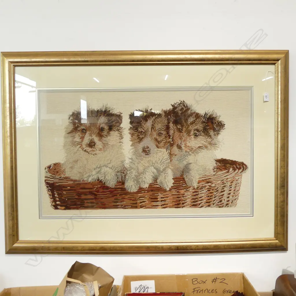 FRAMED TAPESTRY OF 3 PUPPIES IN BASKET 520x8750mm Image 1++