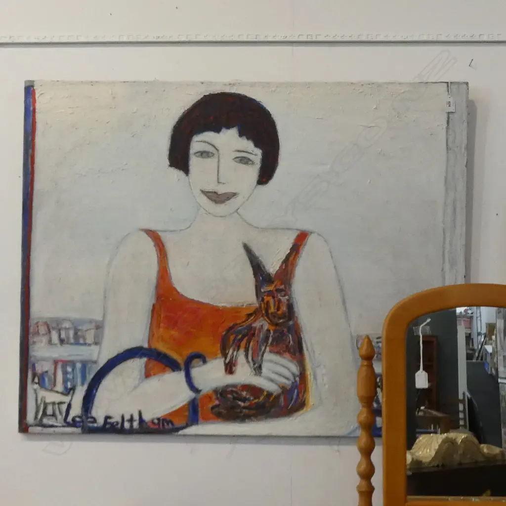 LEE FELTHAM,PORTRAIT OF THE ARTIST WITH HER CAT, ACRYLIC ON BOARD, SIGNED, 800 X 1000MM, provenance below Image 1++