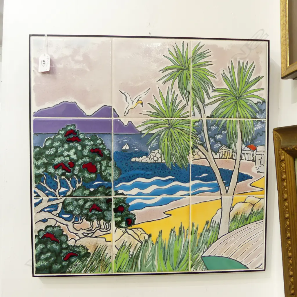 WAIPU TILES STUDIO, ROD AND PATSY BOWEY TILE WORK 460x460mm Coastal scene w gannet Image 1++