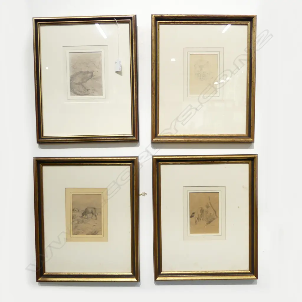 4 UNSIGNED PENCIL SKETCHES; 2 CATS, 2 COWS 130x100mm Image 1++
